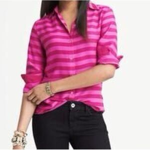 Banana Republic Rugby Stripe Blouse Size S Salsa Pink Button Front Top